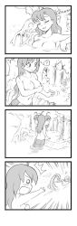 Rule 34 | 2girls, 4koma, breasts, cleavage, comic, covering privates, covering breasts, felarya, karbo, lamia, monochrome, monster girl, multiple girls, partially submerged