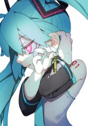Rule 34 | 1girl, adjusting earrings, aqua hair, aqua nails, aqua necktie, black sleeves, bright pupils, cheri zao, detached sleeves, earrings, from side, grey shirt, hatsune miku, highres, jewelry, long sleeves, necktie, number tattoo, pink eyes, shirt, shoulder tattoo, simple background, solo, tattoo, upper body, vocaloid, white background