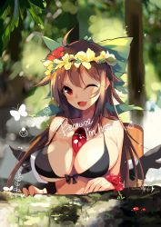 Rule 34 | 1girl, ;d, ahoge, bad id, bad twitter id, bare shoulders, bikini, black bikini, black wings, blurry, blurry background, blush, bow, breasts, brown hair, bug, butterfly, commentary request, english text, fang, feathered wings, flower, front-tie bikini top, front-tie top, green bow, hair bow, hair flower, hair ornament, head wreath, highres, insect, large breasts, leaf, long hair, looking at viewer, one eye closed, open mouth, red eyes, red flower, reiuji utsuho, sidelocks, smile, solo, swimsuit, tetsurou (fe+), touhou, upper body, wings, yellow flower