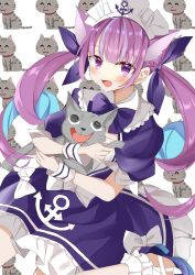 Rule 34 | 1girl, :3, :d, @ @, ahoge, anchor print, anchor symbol, animal, animal ears, aqua hair, blue footwear, blue pupils, blush, bow, braid, cat, cat ears, colored inner hair, commentary request, dress, dress bow, extra ears, frilled dress, frilled shirt collar, frills, grey fur, hair ribbon, highres, holding, holding animal, holding cat, hololive, hug, long hair, looking at another, looking at viewer, maid, maid headdress, minato aqua, minato aqua (1st costume), multicolored eyes, multicolored hair, neko (minato aqua), open mouth, patterned background, platform footwear, puffy short sleeves, puffy sleeves, purple bow, purple dress, purple eyes, purple hair, purple neckwear, ribbon, sakutuki, short sleeves, sidelocks, simple background, sitting, smile, streaked hair, twintails, two-tone hair, very long hair, virtual youtuber, wariza, whiskers, white background, white bow, wrist cuffs