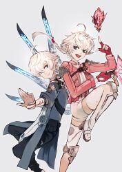 Rule 34 | 1boy, 1girl, ahoge, alisaie leveilleur, alphinaud leveilleur, blue coat, blue eyes, blue pants, boots, brother and sister, coat, commentary request, earclip, edamamebig, elezen, elf, final fantasy, final fantasy xiv, fingerless gloves, gloves, grey background, highres, jacket, knee boots, long hair, pants, pointy ears, ponytail, red gloves, red jacket, red mage (final fantasy), sage (final fantasy), shorts, siblings, simple background, smile, twins, white footwear, white hair, white shorts