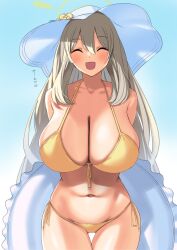 Rule 34 | 1girl, bare shoulders, bikini, blue archive, blush, breasts, cleavage, closed eyes, collarbone, gachou, halo, hat, highres, innertube, large breasts, light brown hair, long hair, navel, nonomi (blue archive), nonomi (swimsuit) (blue archive), official alternate costume, smile, solo, stomach, sun hat, swim ring, swimsuit, translation request, white hat, yellow bikini