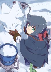 Rule 34 | 1girl, blue cape, blue hair, blush, brown footwear, brown gloves, bucket, cape, closed mouth, commentary request, constanze amalie von braunschbank-albrechtsberger, fur trim, gloves, green eyes, hair ribbon, highres, little witch academia, long sleeves, looking at viewer, looking back, mecha, nose blush, ponytail, red ribbon, ribbon, robot, shoes, snow, snowman, solo, squatting, tama (tama-s), thick eyebrows