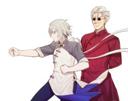 Rule 34 | 2boys, arms behind back, bad id, bad pixiv id, blue eyes, chinese clothes, csyday, fate/grand order, fate (series), fighting stance, grey hair, hair between eyes, highres, li shuwen (fate), li shuwen (fate/grand order), li shuwen (old) (fate), male focus, multiple boys, no mask, old, old man, prince of lan ling (fate), round eyewear, short hair, sunglasses, tangzhuang, training