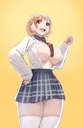 Rule 34 | 10s, 1girl, :d, blonde hair, bow (bhp), bra, breasts, brown eyes, cleavage, hair ornament, hairclip, hands on own hips, huge breasts, looking at viewer, narusawa ryouka, necktie, no bra, occultic;nine, open clothes, open mouth, open shirt, shirt, short hair, skirt, smile, solo, thick thighs, thighhighs, thighs, underwear, white thighhighs, yellow background