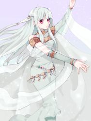 Rule 34 | 1girl, arm warmers, bad id, bad pixiv id, blue dress, breasts, cloak, dancer, dancing, dress, fire emblem, fire emblem: the blazing blade, grey background, hair ornament, highres, long hair, looking at viewer, medium breasts, ninian, nintendo, open mouth, red eyes, sash, sidelocks, silver hair, simple background, solo, sushitarou, turtleneck, turtleneck dress