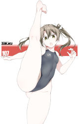 Rule 34 | 1girl, ass, bare arms, bare legs, bare shoulders, barefoot, black one-piece swimsuit, blush, character name, clothes writing, collarbone, competition swimsuit, green eyes, green hair, groin, hair between eyes, hair ribbon, kantai collection, kneepits, long hair, one-piece swimsuit, open mouth, ribbon, shigino sohuzi, solo, swimsuit, twintails, white ribbon, zuikaku (kancolle)