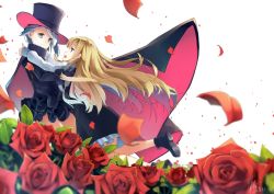 Rule 34 | 2girls, ange (princess principal), blonde hair, blue eyes, braid, cape, face-to-face, flower, hat, long hair, looking at another, makadamixa, multiple girls, petals, princess (princess principal), princess principal, rose, rose petals, short hair, smile, top hat