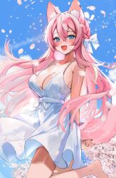 Rule 34 | 1girl, absurdres, animal ears, arms behind back, bare shoulders, blue eyes, blue sky, blush, breasts, cherry blossoms, cleavage, commentary, dog ears, dress, english commentary, falling petals, hair ribbon, highres, indie virtual youtuber, large breasts, legs, long hair, petals, pink hair, ribbon, sky, solo, spaghetti strap, upper body, virtual youtuber, white dress, yuniiho, yuniiho (vtuber)