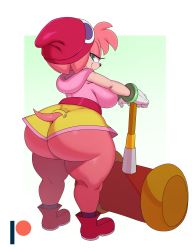 Rule 34 | 1girl, absurdres, amy rose, animal ears, ass, back, beanie, bracelet, breasts, curvy, eric lowery, furry, gloves, green eyes, hairband, hammer, hat, hedgehog, highres, hood, hoodie, huge ass, jewelry, large breasts, looking at viewer, looking back, seductive smile, short shorts, shorts, simple background, smile, solo, sonic (series), tail, thick thighs, thighs, white gloves, wide hips