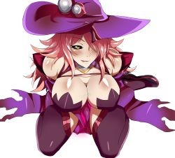 Rule 34 | 1girl, absurdres, bare shoulders, black sclera, black thighhighs, blazblue, blush, breasts, cleavage, colored sclera, detached sleeves, from above, full body, hair over one eye, hat, highres, konoe a. mercury, large breasts, long hair, looking at viewer, nightmare-doom, pink hair, seductive smile, shiny skin, sitting, smile, solo, thighhighs, wariza, witch, witch hat, yellow eyes
