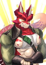 Rule 34 | 1boy, abs, animal ears, arm guards, bara, bellsaltr, belt, belt pouch, black belt, black gloves, blush stickers, clothing cutout, collarbone, collared jacket, colored sclera, colored skin, commentary request, cthugha (housamo), fang, fang out, fingerless gloves, furry, furry male, gloves, gold trim, green jacket, highres, huge pectorals, jacket, large pectorals, looking at viewer, male focus, midriff, monster boy, muscular, muscular arms, muscular male, nipple cutout, nipples, pectorals, pouch, purple eyes, red skin, sharp teeth, shirt, simple background, smile, solo, spikes, stomach, tail, teeth, tentacle hair, tentacle tail, tentacles, tokyo houkago summoners, upper body, white shirt, yellow sclera