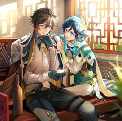 Rule 34 | 2boys, alcohol, anemo (genshin impact), aqua eyes, aqua hair, architecture, arm on another&#039;s shoulder, belt, belt buckle, bench, black belt, black gloves, black hair, black pants, blue neckwear, blurry, blurry foreground, blush, border0715, bottle, bow, bowtie, braid, buckle, cape, coat, collared cape, commentary, cup, drinking, earrings, east asian architecture, feet out of frame, fern, flower, formal, genshin impact, gloves, gradient hair, green cape, green headwear, green shorts, hand on own chin, hat, hat flower, highres, holding, holding cup, indoors, jewelry, light rays, long sleeves, looking at another, looking down, male focus, multicolored hair, multiple boys, necktie, open clothes, open coat, pants, pantyhose, sakazuki, shirt, shorts, signature, single earring, sitting, smile, striped bow, striped bowtie, striped clothes, striped neckwear, suit, sunbeam, sunlight, twin braids, two-tone hair, venti (genshin impact), vision (genshin impact), white neckwear, white pantyhose, white shirt, wine bottle, yellow eyes, yellow neckwear, zhongli (genshin impact)