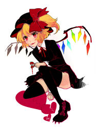 Rule 34 | 1girl, alternate costume, between legs, black footwear, black headwear, black shirt, black skirt, black thighhighs, blonde hair, broken heart, collared shirt, fang, flandre scarlet, full body, hand between legs, hat, holding, leaning forward, long sleeves, medium hair, mob cap, multicolored wings, neck ribbon, one side up, open mouth, paizuri, rainbow order, red eyes, red ribbon, ribbon, shirt, simple background, skirt, solo, thighhighs, touhou, tsuneaki (dosnan), white background, wings, zettai ryouiki