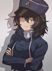 Rule 34 | 1girl, andou (girls und panzer), bc freedom (emblem), bc freedom military uniform, black hair, blue jacket, blue vest, brown background, crossed arms, dark skin, dark-skinned female, emblem, girls und panzer, hat, high collar, jacket, k rough, long sleeves, looking to the side, medium hair, messy hair, shako cap, simple background, smile, solo, standing, vest