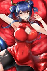 Rule 34 | 1girl, absurdres, alternate breast size, arknights, armpits, bare shoulders, blue hair, blush, breasts, ch&#039;en (ageless afterglow) (arknights), ch&#039;en (arknights), china dress, chinese clothes, cleavage, cleavage cutout, clothing cutout, covered navel, double bun, dragon horns, dragon tail, dress, hair between eyes, hair bun, highres, horns, large breasts, long hair, looking at viewer, lying, official alternate costume, on back, parted lips, red dress, red eyes, short shorts, shorts, sidelocks, sleeveless, solo, tail, take (trude1945oneetyan)