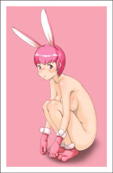 Rule 34 | 1girl, animal ears, breasts, rabbit ears, gloves, legs, looking at viewer, makochin, nude, original, pink background, pink eyes, pink hair, pink theme, rabbit girl, short hair, slippers, solo, squatting