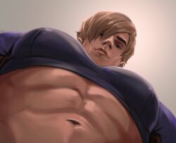 Rule 34 | 1boy, abs, absurdres, bara, brown hair, cheekbones, crop top, foreshortening, from below, hair over one eye, highres, hukumkart, large pectorals, leon s. kennedy, looking at viewer, looking down, male focus, meme, muscular, muscular male, navel, pectoral focus, pectorals, photo-referenced, resident evil, short hair, solo, thick eyebrows, upper body, yur oc like this (meme)