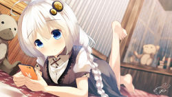 Rule 34 | 1girl, ahoge, barefoot, bed sheet, black dress, blue eyes, blurry, blurry background, blush, braid, cellphone, chinomaron, closed mouth, collared shirt, commentary request, depth of field, dress, dress shirt, dutch angle, hair between eyes, hair ornament, holding, holding phone, indoors, kizuna akari, leg up, long hair, low twintails, lying, on stomach, phone, puffy short sleeves, puffy sleeves, shirt, short sleeves, signature, silver hair, sleeveless, sleeveless dress, smile, solo, striped, stuffed animal, stuffed toy, teddy bear, twin braids, twintails, twitter username, vertical stripes, very long hair, vocaloid, voiceroid, white shirt