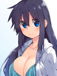 Rule 34 | 1girl, adyisu, area aquamarine, black hair, blue eyes, blush, breasts, cleavage, collarbone, hair between eyes, jacket, large breasts, long hair, looking at viewer, open clothes, open jacket, original, simple background, solo, swimsuit, upper body