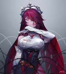 Rule 34 | 1girl, absurdres, barbed wire, bare shoulders, blood, blood on face, breasts, earrings, elbow gloves, fishnet legwear, fishnets, genshin impact, gloves, hair over one eye, highres, holding, holding knife, jewelry, knife, large breasts, lavelis, looking at viewer, nun, purple eyes, purple hair, purple legwear, rosaria (genshin impact), sleeveless, solo, upper body, veil, white gloves