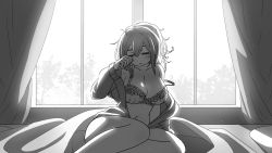 Rule 34 | 1girl, bare legs, bare shoulders, bed sheet, blush, bra, breasts, cleavage, curtains, closed eyes, feet out of frame, greyscale, highres, kay yu, large breasts, long hair, long sleeves, messy hair, monochrome, no nose, off shoulder, open clothes, open shirt, original, parted lips, pink-haired girl (kay yu), solo, strap slip, underwear, window