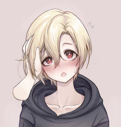 Rule 34 | 1girl, :o, black shirt, blonde hair, blush, collarbone, flying sweatdrops, full-face blush, hair between eyes, tucking hair, hand in own hair, hand on another&#039;s face, highres, idolmaster, idolmaster cinderella girls, idolmaster cinderella girls starlight stage, looking at viewer, oni0417, pov, red eyes, shirasaka koume, shirt, short hair, simple background, solo, sweat, sweatdrop, sweater, upper body