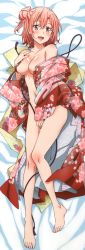 Rule 34 | 10s, 1girl, :d, absurdres, artist request, bare legs, barefoot, between legs, body blush, breasts, cleavage, collarbone, covering privates, covering breasts, covering crotch, dakimakura (medium), feet, floral print, full body, hair between eyes, hair bun, hand between legs, hand on own chest, highres, huge filesize, japanese clothes, kimono, knees together feet apart, looking at viewer, lying, medium breasts, naked kimono, navel, official art, on back, open clothes, open kimono, open mouth, pink eyes, pink hair, scan, side bun, single side bun, smile, solo, sweat, tassel, toes, topless, yahari ore no seishun lovecome wa machigatteiru., yuigahama yui