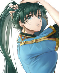 Rule 34 | 1girl, breasts, commentary request, delsaber, earrings, fire emblem, fire emblem: the blazing blade, from side, gold earrings, green eyes, green hair, hands up, highres, holding, holding hair, jewelry, large breasts, lips, long hair, looking at viewer, lyn (fire emblem), nintendo, parted lips, ponytail, short sleeves, simple background, solo, teeth, undershirt, upper body, white background