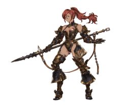 Rule 34 | 10s, 1girl, armor, blue eyes, brown hair, dark skin, dark-skinned female, full body, gauntlets, gloves, granblue fantasy, leotard, looking at viewer, mariah (granblue fantasy), minaba hideo, polearm, ponytail, smile, solo, spear, thighhighs, transparent background, weapon, white background