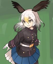 Rule 34 | 10s, 1girl, absurdres, bald eagle (kemono friends), belt, black pantyhose, blonde hair, blue skirt, buttons, collaboration, commentary request, cowboy shot, gloves, gradient hair, green background, hair between eyes, head wings, highres, jacket, kemono friends, long hair, long sleeves, looking to the side, miniskirt, multicolored hair, omnisucker, pantyhose, partial commentary, pleated skirt, rumenia (ao2is), skirt, smile, solo, white gloves, white hair, wings, yellow eyes