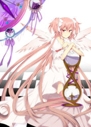 Rule 34 | 10s, 1girl, angel wings, bad id, bad pixiv id, bow, checkered floor, dress, floor, frills, gathers, hair ribbon, highres, hourglass, kaname madoka, long hair, mahou shoujo madoka magica, mahou shoujo madoka magica (anime), murasaki hundosi, pink eyes, pink hair, pink thighhighs, ribbon, short twintails, smile, solo, thighhighs, twintails, two side up, ultimate madoka, very long hair, wings