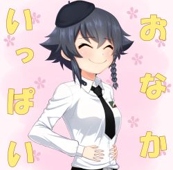 Rule 34 | 1girl, anzio school uniform, beret, black hair, black hat, black necktie, blush, braid, carro veloce cv-33, closed eyes, closed mouth, commentary, dress shirt, emblem, facing viewer, floral background, girls und panzer, hair tie, hands on own stomach, hat, highres, long sleeves, military, military vehicle, motor vehicle, necktie, pepperoni (girls und panzer), pink background, ruka (piyopiyopu), school uniform, shirt, short hair, side braid, smile, solo, standing, tank, text background, translated, upper body, white shirt, wing collar