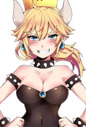 Rule 34 | 1girl, bare shoulders, blonde hair, blue eyes, blush, bowsette, bracelet, breasts, cleavage, collar, crown, dress, earrings, fangs, female focus, forked eyebrows, grin, highres, horns, jewelry, kimchiloid, kimidoodlez, large breasts, looking at viewer, mario (series), medium breasts, navel, new super mario bros. u deluxe, nintendo, pointy ears, ponytail, simple background, smile, solo, spiked bracelet, spiked collar, spikes, strapless, strapless dress, super crown, teeth, thick eyebrows, upper body