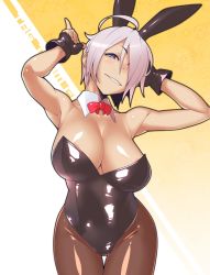 Rule 34 | 1girl, ahoge, angel (kof), animal ears, areola slip, armpits, arms up, bare shoulders, black gloves, black leotard, bow, bowtie, breasts, cleavage, commentary request, detached collar, fake animal ears, finger gun, fingerless gloves, gloves, grin, hair over one eye, highres, large breasts, leotard, looking at viewer, pantyhose, playboy bunny, rabbit ears, shiny clothes, shiny skin, short hair, silver hair, smile, snk, solo, strapless, strapless leotard, the king of fighters, thigh gap, tomoyuki kotani