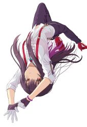 Rule 34 | brown hair, closed mouth, gloves, heaven burns red, highres, long hair, long sleeves, mochimugi rice, outdoors, pants, red eyes, shirt, suspenders, white shirt, yanagi mion