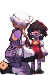 Rule 34 | 2girls, aged down, black hair, blurry, bow, breasts, child, closed eyes, crying, crying with eyes open, depth of field, facing another, facing away, full body, hair bow, hakurei reimu, hat, highres, large breasts, mob cap, multiple girls, open mouth, purple tabard, red bow, red skirt, red vest, seiza, short hair, sitting, skirt, standing, tabard, tears, tohou89, touhou, vest, yakumo yukari