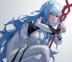 Rule 34 | 1girl, absurdres, alternate hairstyle, ayanami rei, blue hair, bodysuit, breasts, covered erect nipples, evangelion: 3.0+1.0 thrice upon a time, gloves, hair between eyes, highres, holding, holding polearm, holding weapon, impossible bodysuit, impossible clothes, interface headset, lance of longinus (evangelion), long hair, looking at viewer, medium breasts, neon genesis evangelion, open mouth, plugsuit, polearm, rebuild of evangelion, red eyes, rerendi, simple background, solo, teeth, very long hair, weapon, white bodysuit