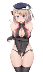 Rule 34 | 1girl, @ @, azur lane, bare shoulders, black leotard, black panties, black thighhighs, blue eyes, blue hat, blush, bow, breasts, brown hair, cleavage, cleavage cutout, clothing cutout, commentary request, cosplay, cross, hat, iron cross, large breasts, legs together, leotard, looking at viewer, panties, ribbon, short hair, simple background, solo, standing, tears, thighhighs, thighs, u-47 (azur lane), u-47 (azur lane) (cosplay), underwear, white background, white bow, white ribbon, yyi, z23 (azur lane), zipper
