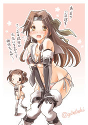 Rule 34 | &gt; o, 10s, 2girls, ;p, adapted costume, alternate costume, arm up, bent over, bikini, black gloves, blush, breasts, brown eyes, brown hair, cleavage, comic, double bun, elbow gloves, embarrassed, forehead protector, gloves, jintsuu (kancolle), kantai collection, long hair, multiple girls, naka (kancolle), navel, one eye closed, open mouth, remodel (kantai collection), short hair, side-tie bikini bottom, smile, sogabe toshinori, sweat, swimsuit, tears, tehepero, thighhighs, tongue, tongue out, translation request, wavy mouth, white legwear