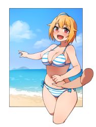 Rule 34 | 1girl, 1other, :d, ahoge, beach, bikini, blonde hair, blue sky, breasts, cleavage, commentary request, cropped legs, day, disembodied hand, halterneck, highres, ibuki tsubasa, idolmaster, idolmaster million live!, idolmaster million live! theater days, korean commentary, kwaejina, looking at viewer, medium breasts, navel, open mouth, outdoors, outside border, outstretched arm, pov, pov hands, red eyes, short hair, side-tie bikini bottom, side-tie bottom, simple background, sky, smile, solo focus, striped bikini, striped clothes, swimsuit, white background