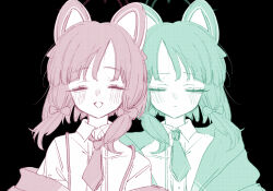 Rule 34 | 2girls, animal ears, black background, blue archive, bow, cat ears, closed eyes, fake animal ears, false smile, green halo, hair bow, halo, highres, kagenone, medium hair, midori (blue archive), momoi (blue archive), multiple girls, necktie, open mouth, pink halo, sad, shirt, siblings, sidelocks, simple background, sisters, sketch, smile, twins, white shirt
