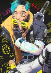 Rule 34 | 1boy, animification, apex legends, belt, black belt, black eyes, black hair, black jacket, blue hair, blue shirt, bright pupils, covered mouth, crypto (apex legends), explosive, grenade, head tilt, highres, hisano (hisano ff14), holding, holding paper, jacket, jewelry, kernel panic crypro, kernel panic crypto, male focus, multicolored hair, necklace, official alternate costume, pants, paper, shirt, solo, twitter username, undercut, white pants, white pupils