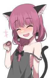 Rule 34 | +++, 1girl, ^ ^, animal ear fluff, animal ears, black bow, black nails, blunt bangs, blunt ends, blush, bocchi the rock!, bow, braid, cat ears, cat girl, cat tail, closed eyes, commentary request, dress, earrings, facing viewer, fang, fingernails, flat chest, grey dress, hair bow, hair over shoulder, halulu, hand tattoo, highres, hiroi kikuri, jewelry, kemonomimi mode, long hair, low-braided long hair, low-tied long hair, nail polish, open mouth, paw pose, purple hair, single braid, solo, strap slip, tail, tattoo, upper body