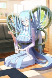 +_+ 1girl aqua_hair braid breasts curled_horns dress fate/grand_order fate_(series) green_horns hair_between_eyes hair_on_horn highres holding horns kamo_ashi large_breasts large_horns larva_tiamat_(fate) larva_tiamat_(third_ascension)_(fate) long_hair long_horns looking_at_viewer mimikaki open_mouth pink_eyes pointy_ears ribbed_dress seiza shrug_(clothing) sidelocks sitting smile solo symbol-shaped_pupils tiamat_(fate) very_long_hair x-shaped_pupils