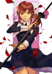 Rule 34 | 1girl, black dress, brown eyes, brown hair, dress, habit, hair ornament, hair scrunchie, holding, holding polearm, holding weapon, hungry clicker, long hair, looking at viewer, mole, mole under mouth, noel (tsukihime), nun, polearm, scrunchie, side ponytail, smile, solo, tsukihime, tsukihime (remake), weapon
