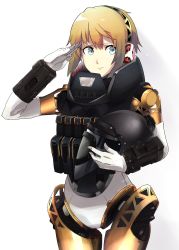 Rule 34 | 1girl, absurdres, aegis (persona), android, blonde hair, blue eyes, closed mouth, helmet, highres, joints, looking at viewer, persona, persona 3, rdc7229, robot joints, salute, short hair, simple background, solo, white background