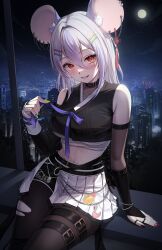 Rule 34 | 1girl, absurdres, animal ears, bare shoulders, belt, black choker, black shirt, black shorts, breasts, brown pantyhose, character request, choker, cityscape, crop top, detached sleeves, full moon, grin, hair ornament, hairclip, hand up, highres, indie virtual youtuber, kuca (ku ca18), long hair, looking at viewer, medium breasts, midriff, miniskirt, moon, mouse ears, navel, night, pantyhose, pleated skirt, red eyes, shirt, shorts, shorts under skirt, side slit, sitting, skirt, sleeveless, sleeveless shirt, smile, solo, thigh belt, thigh strap, torn clothes, torn pantyhose, virtual youtuber, white hair, white skirt
