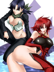 Rule 34 | 2girls, ass, bare shoulders, boots, breasts, c-string, cleavage, elbow gloves, gloves, highleg, highleg panties, hikari to mizu no daphne, honjou rena, kagami hirotaka, large breasts, lipstick, long hair, looking at viewer, looking to the side, makeup, matching hair/eyes, midriff, multiple girls, no bra, no panties, panties, panty peek, purple eyes, purple hair, red eyes, red footwear, red gloves, red hair, red lips, short hair, shrug (clothing), simple background, skin tight, strapless bottom, thigh boots, thighhighs, underwear, white background, white panties, yuu park
