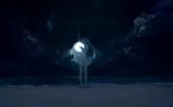 Rule 34 | 1girl, aqua hair, barefoot, beach, blue theme, closed eyes, closed mouth, cloud, commentary request, dress, facing viewer, floating hair, frilled dress, frilled sleeves, frills, glowing, hatsune miku, highres, hug, long hair, long sleeves, nature, night, night sky, ocean, one eye covered, orb, outdoors, see-through, see-through sleeves, sky, smile, solo, standing, star (sky), twintails, very long hair, vocaloid, yyb